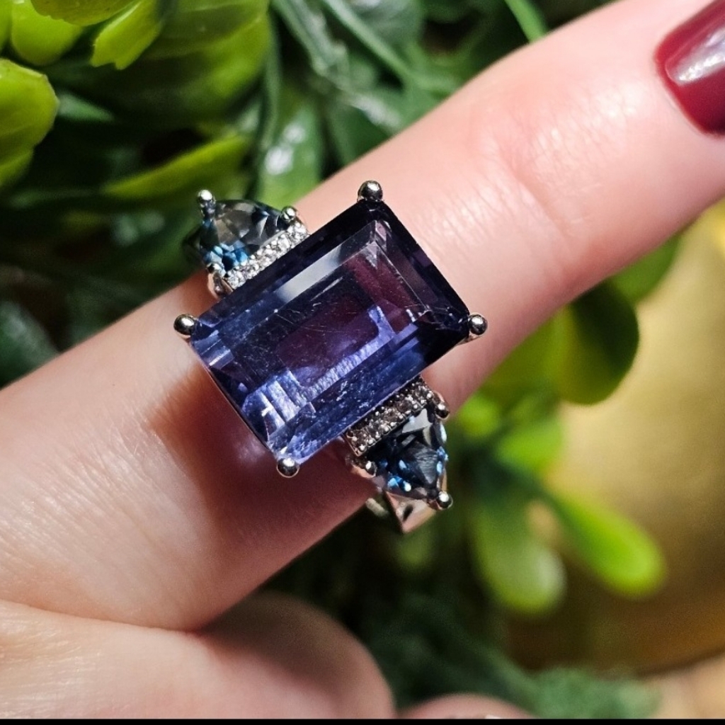 Dean Teal Flourite White Zircon & London Blue Topaz Silver Ring 11.25 Ctw